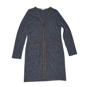 Cullen Women Duster Longline Wool Sweater Sz XL BluGray / Brown Leather Trim Vtg